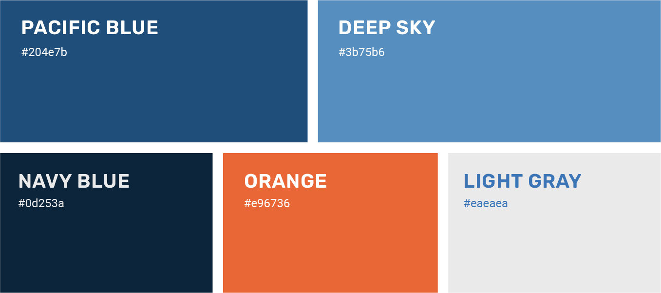 Color palette chart with five labeled swatches: pacific blue, deep sky, navy blue, orange, and light gray