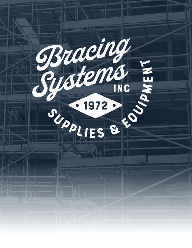Bracing Systems Inc. logo in white on dark blue scaffolding background, with “1972” and “Supplies & Equipment”