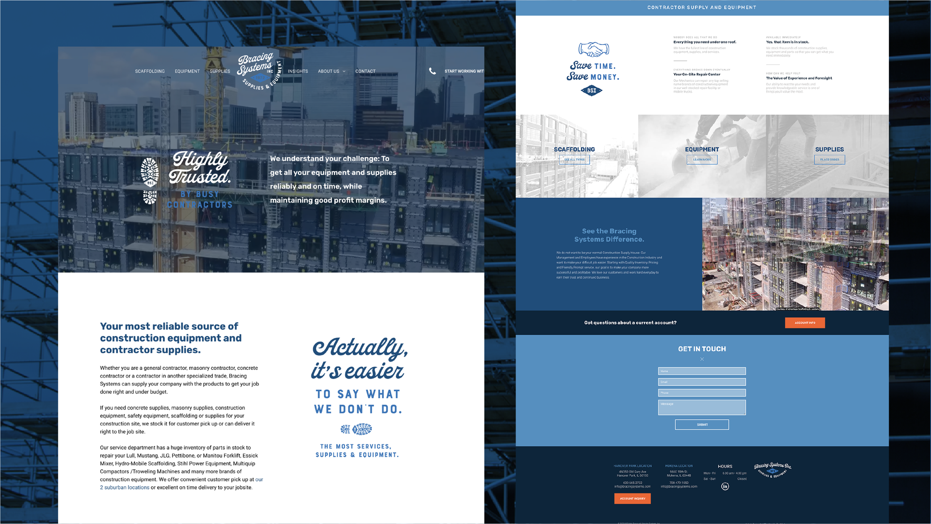Collage of website mockups with blue-and-white layouts and a building photo background