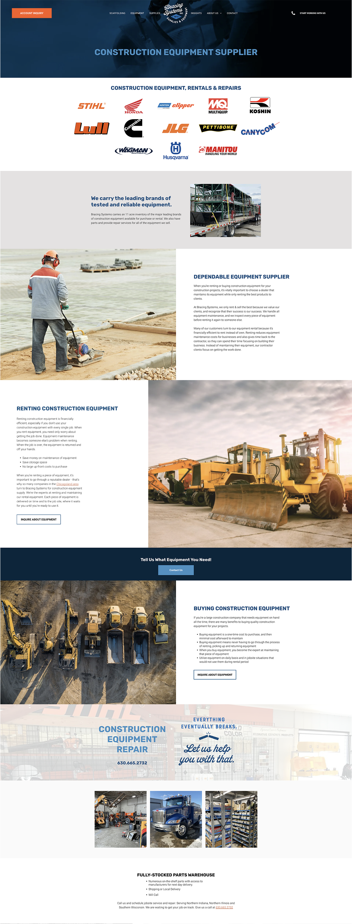 Construction company website with heavy machinery, workers, and project photos on a blue-and-white layout