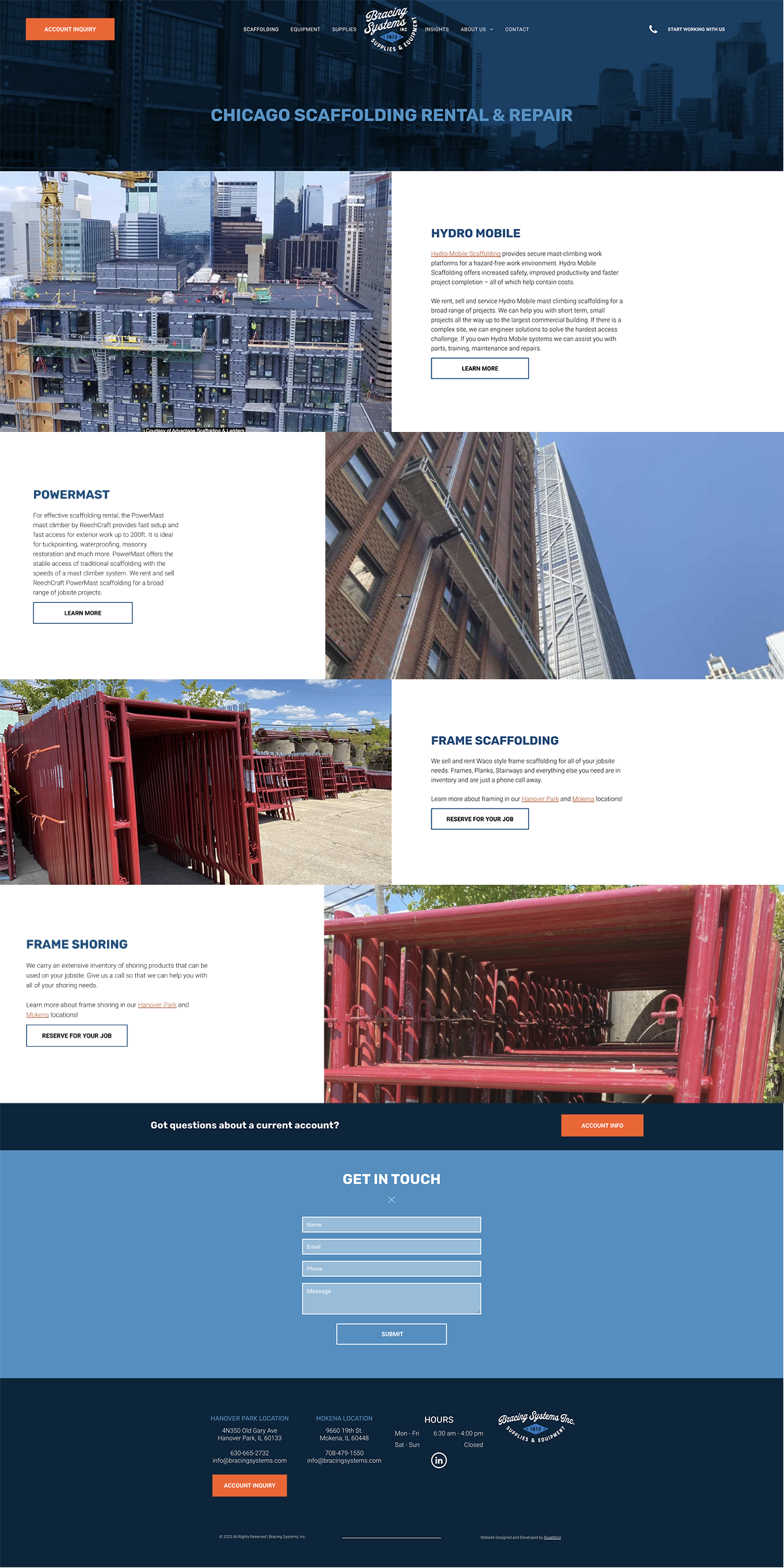 Corporate website homepage with blue header, project photos, and white content panels on a dark background