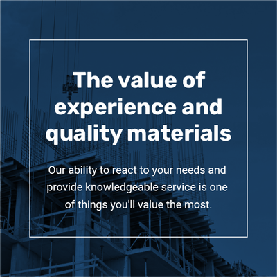 Blue construction-site graphic with text about experience and quality materials