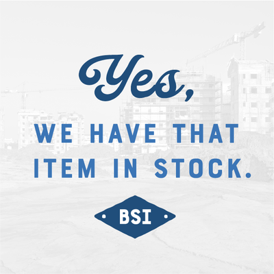 Blue text reading “Yes, we have that item in stock” with BSI logo on a light background