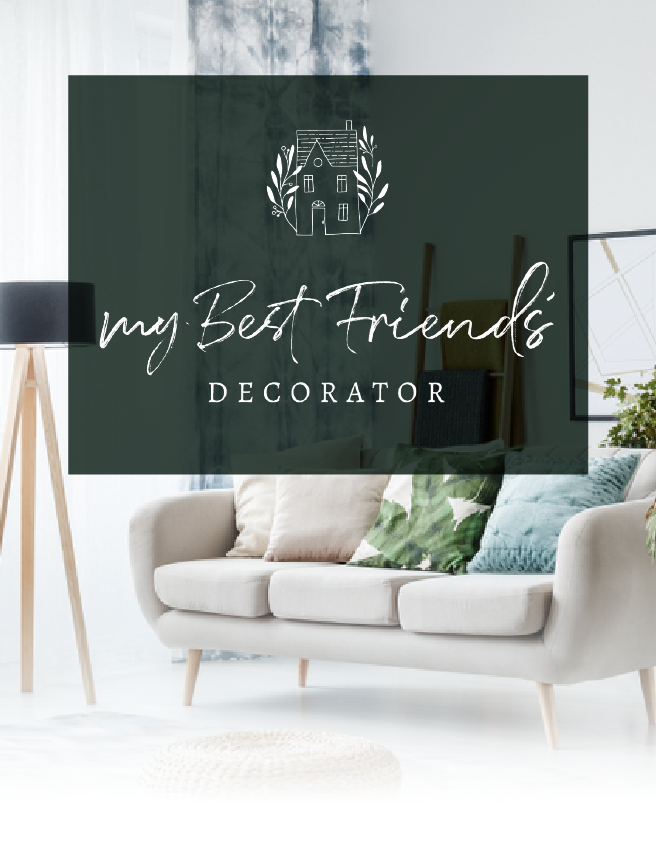 My Best Friends Decorator logo over a modern living room with a beige sofa and green accent wall
