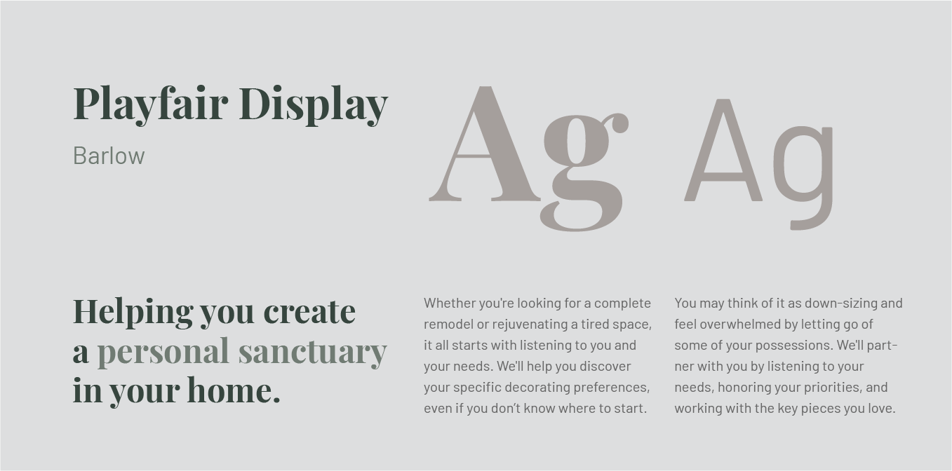 Typography poster with Playfair Display font samples on a light gray background, featuring large “Ag” text and layout examples