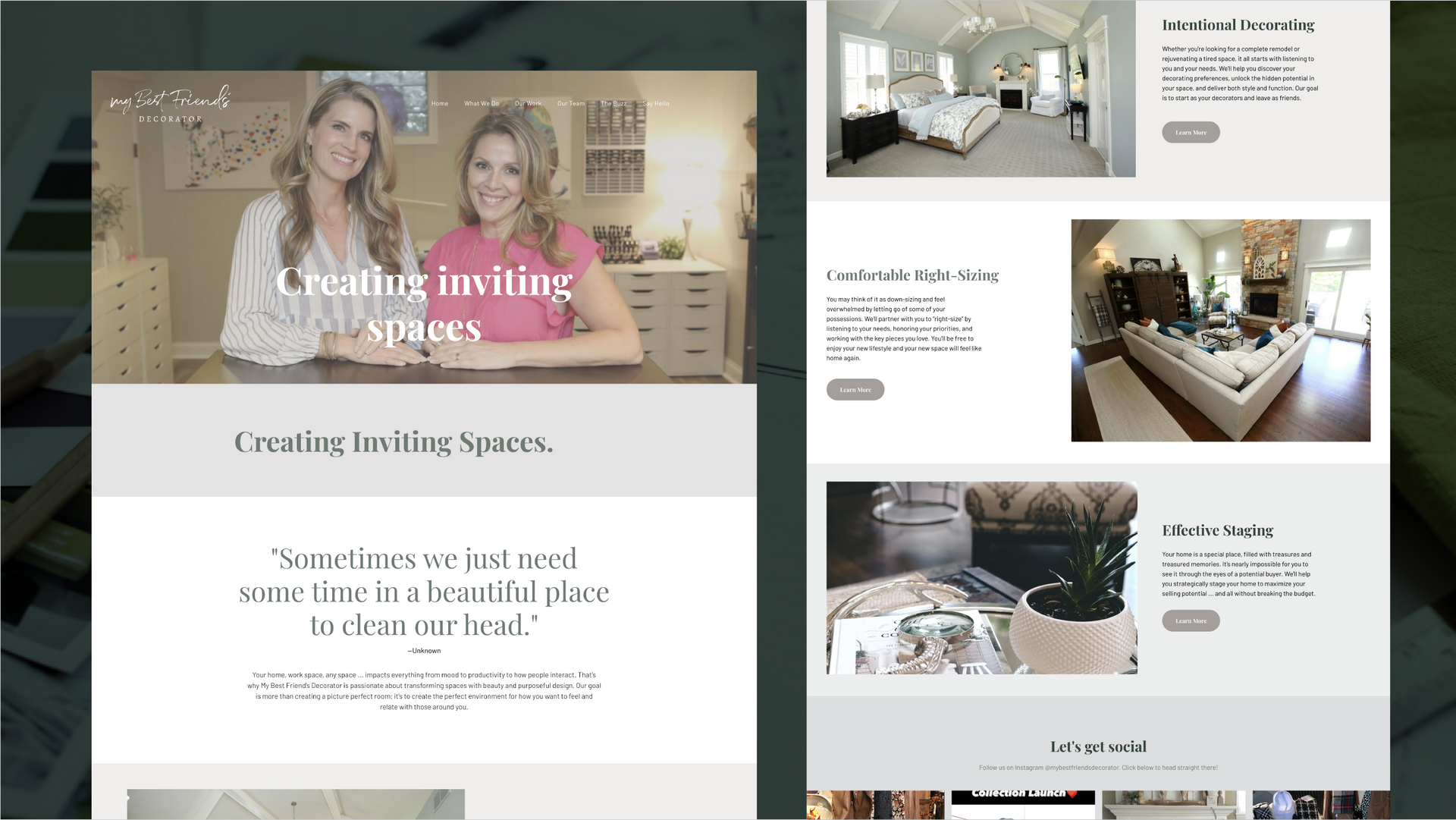 Interior design website homepage with living room and bedroom photos, beige and white layout, and promotional text