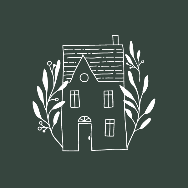 White line drawing of a house with plants on a dark green background