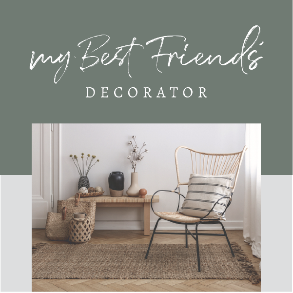 Logo for “My Best Friend’s Decorator” above a cozy beige room with chair, bench, and woven decor