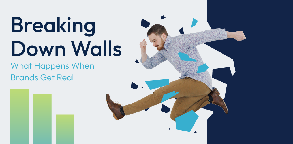 Man breaking through a wall with blue debris, titled “Breaking Down Walls” on a blue background.