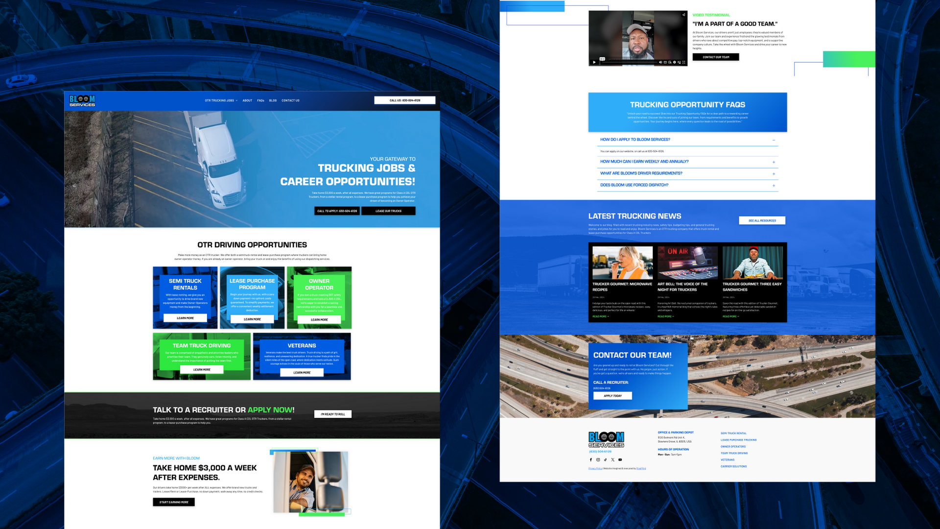 Two blue-and-white website homepage mockups shown side by side, with hero banners and content sections