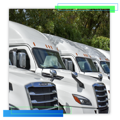 Line of white semi trucks parked outdoors beside trees