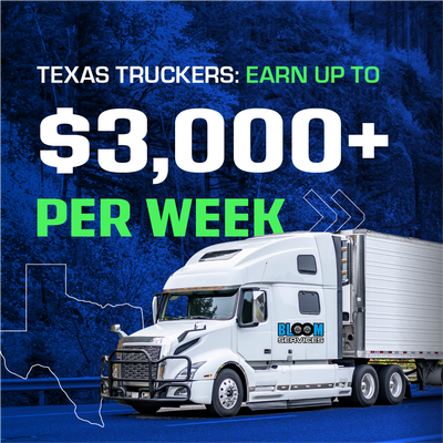 Texas trucker ad with white semi on blue background, offering earn up to $3,000+ per week