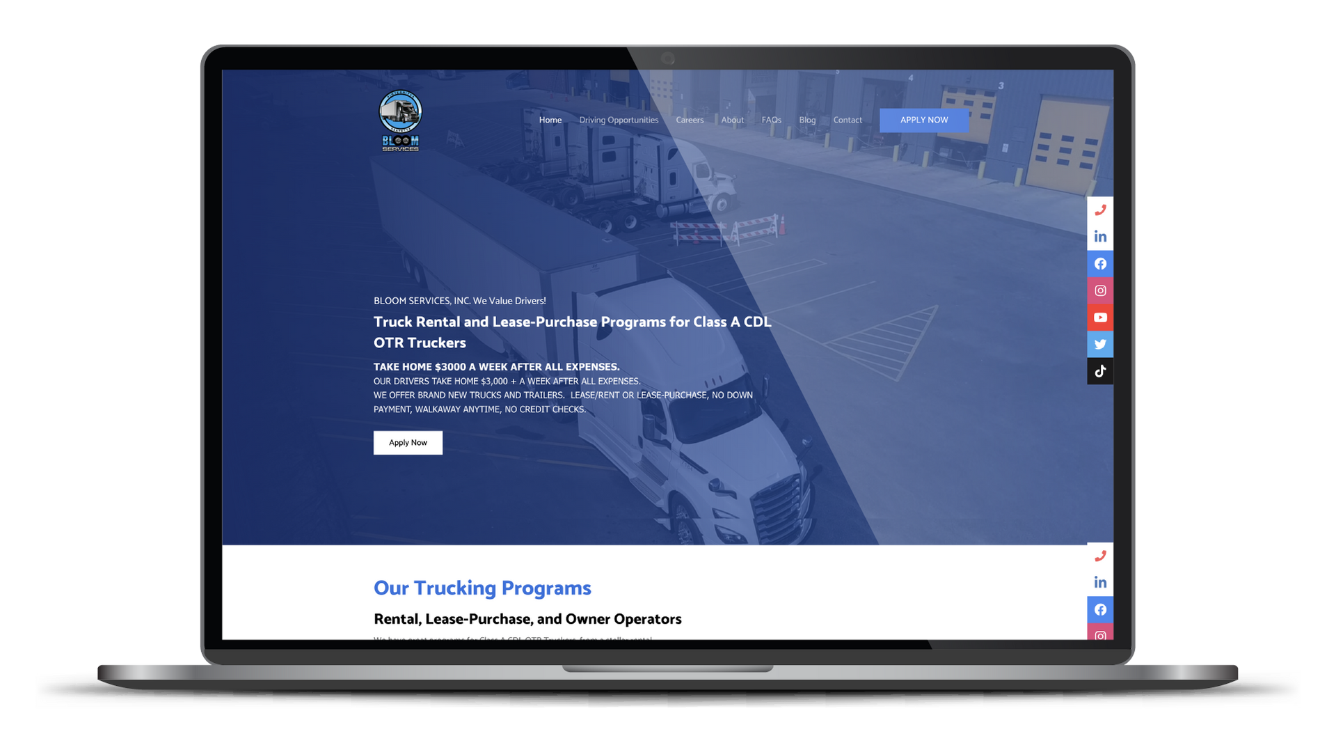 Laptop screen showing a blue website homepage with text and a sidebar menu.