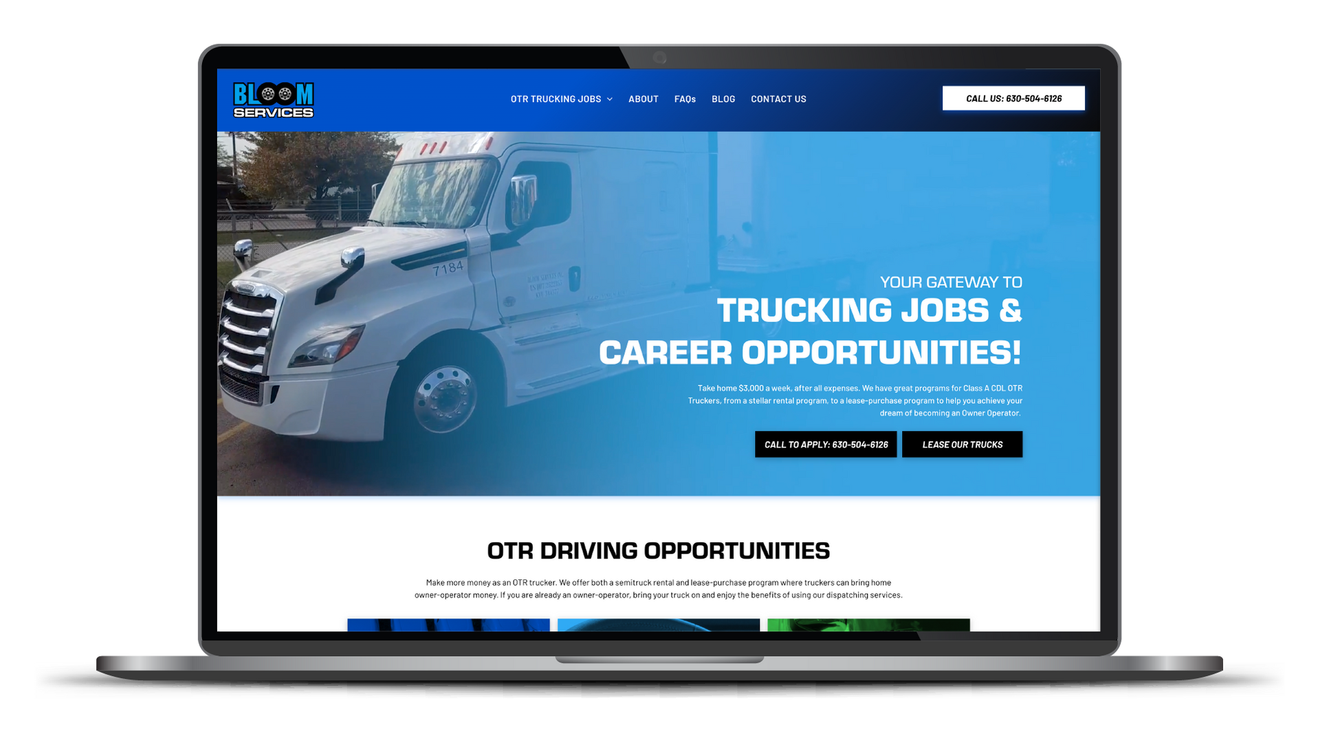 Laptop displaying a trucking jobs website with a blue semi-truck banner and career opportunity headline