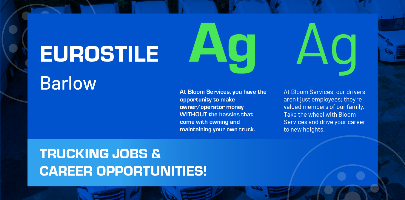 Blue promotional graphic for Eurostile and Barlow fonts, with “Ag” samples and “Thickening jobs & career opportunities!”