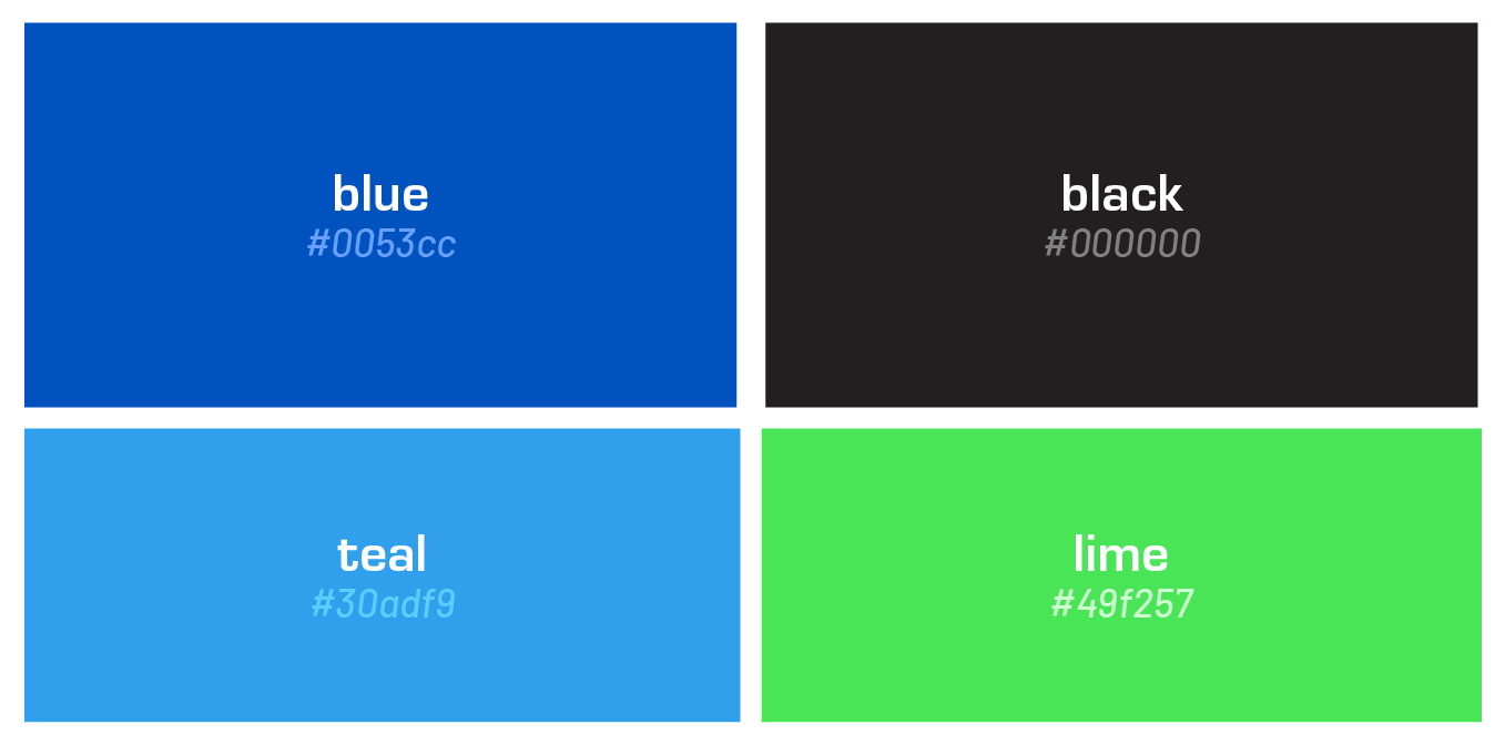 Four color swatches labeled blue, black, teal, and lime with their hex codes.
