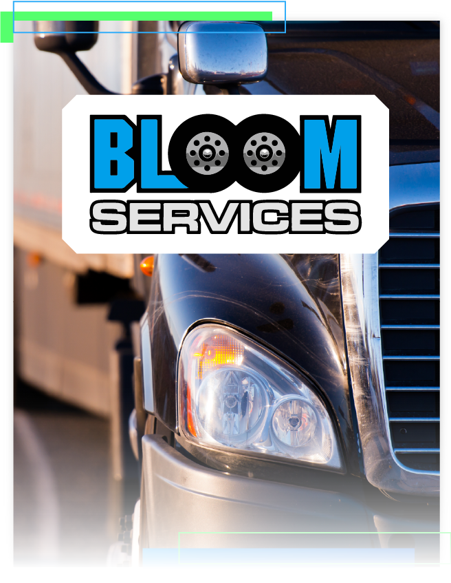 Bloom Services logo on the front of a truck, with a close-up of the grille and headlight.