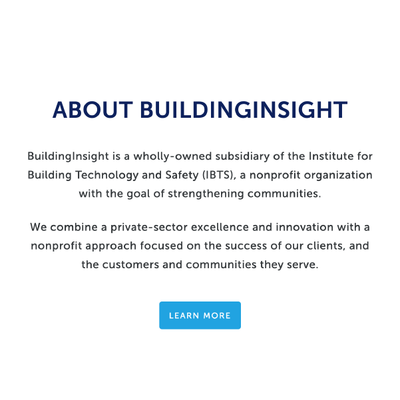About BuildingInsight section with blue heading, descriptive text, and a blue Learn More button