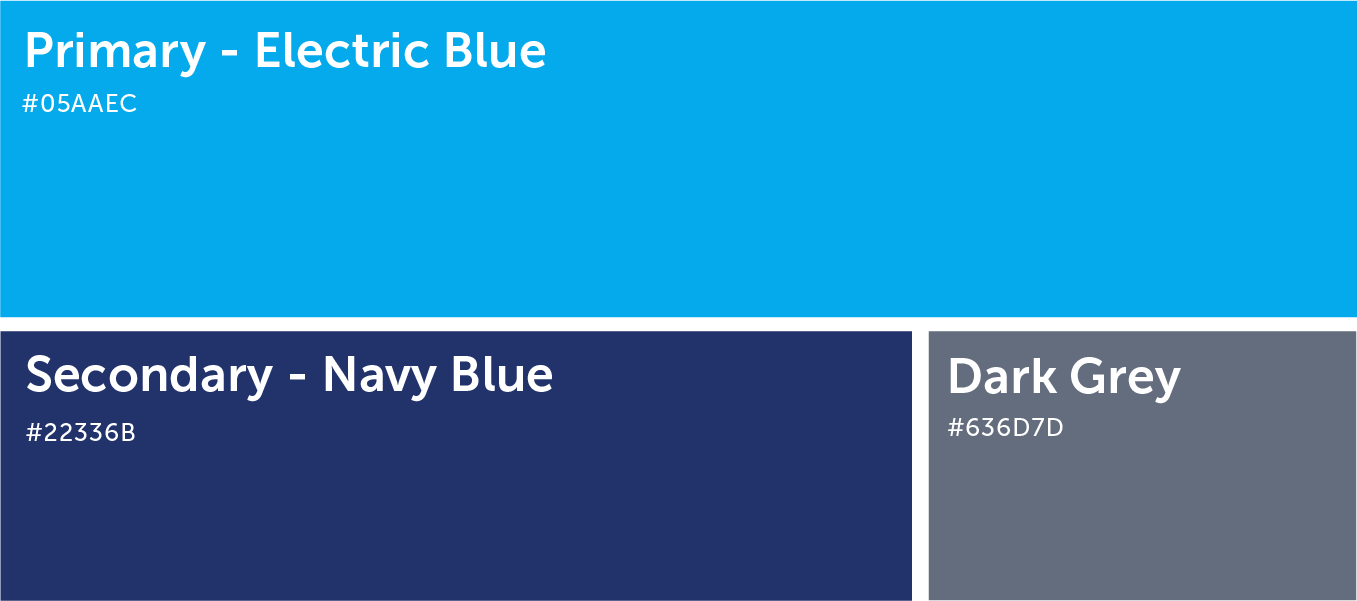 Color palette with electric blue, navy blue, and dark grey swatches labeled Primary, Secondary, and Dark Grey