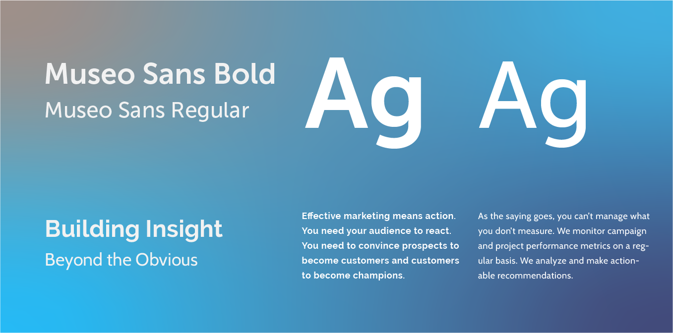 Typography sample showing Museo Sans Bold and Regular in white on a blue gradient background.