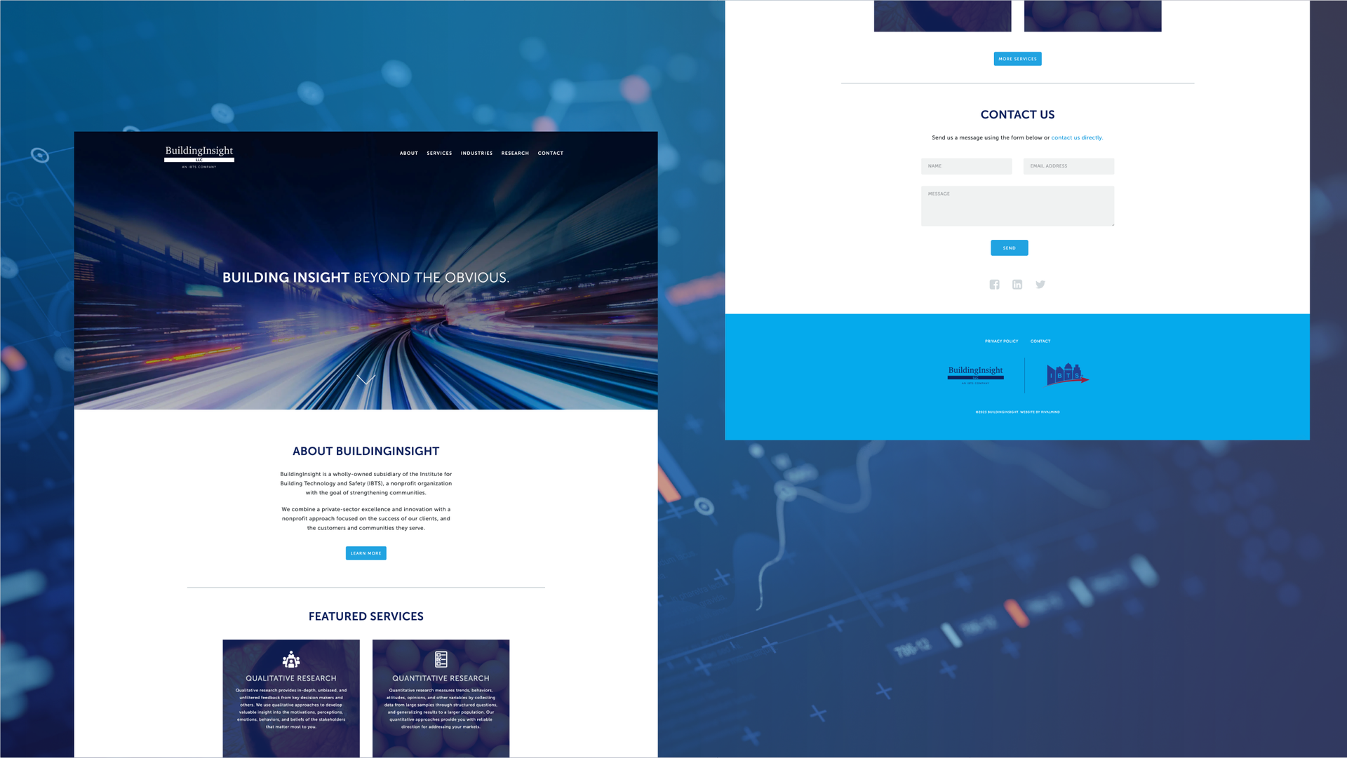 Website landing page mockup with blue stadium hero image and white signup form panels