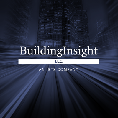 BuildingInsight LLC logo on dark blue abstract background with white text and light streaks