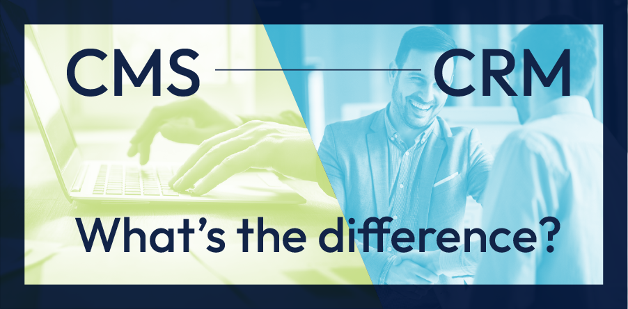 CMS vs CRM comparison banner with a blue business background and the text “What’s the difference?”