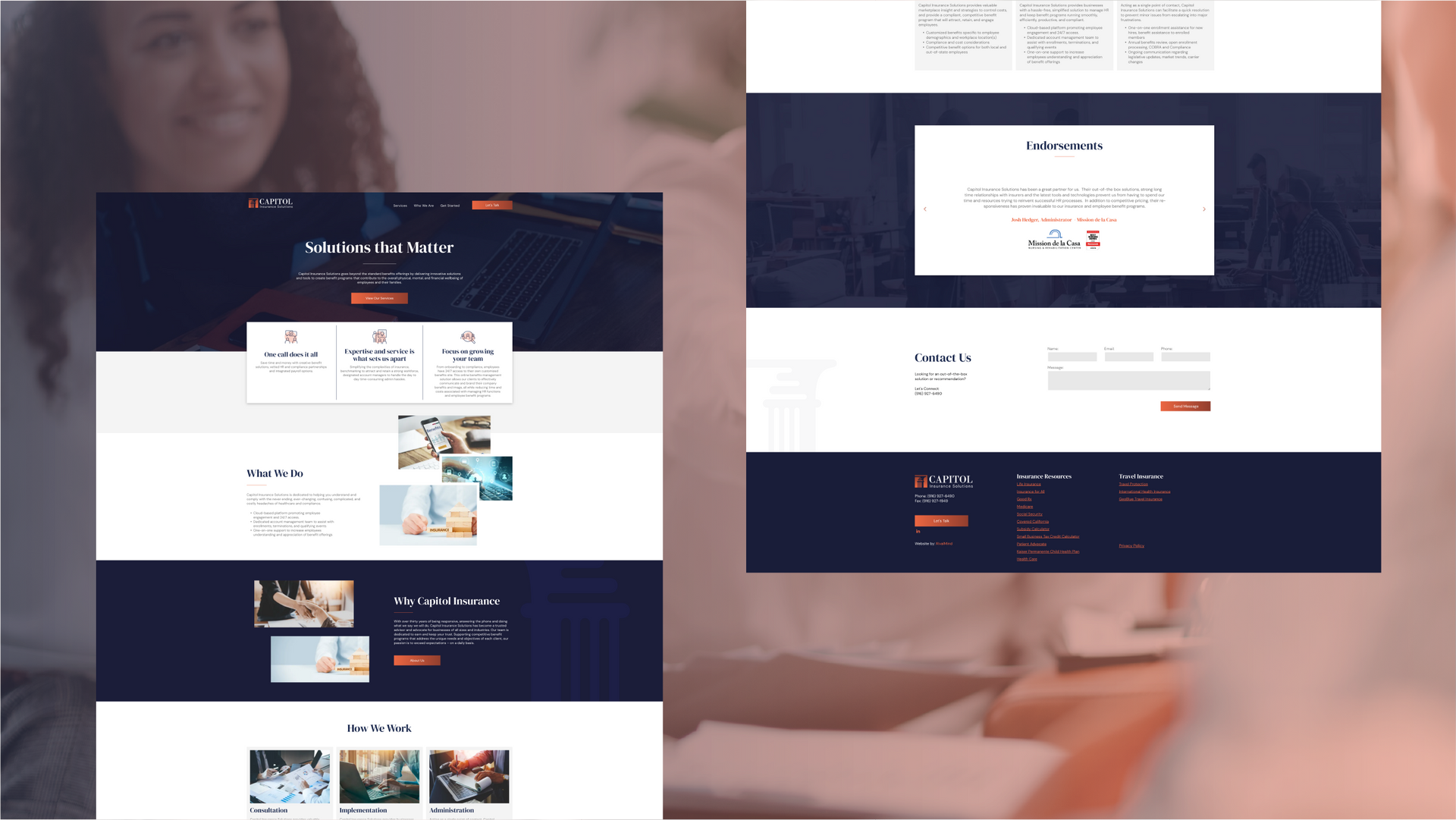 Website homepage and login page mockups on a dark navy and white layout with orange accents