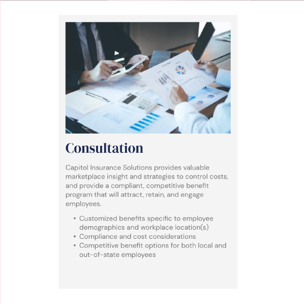 Business consultation flyer with office meeting photo and bullet points on employee support programs