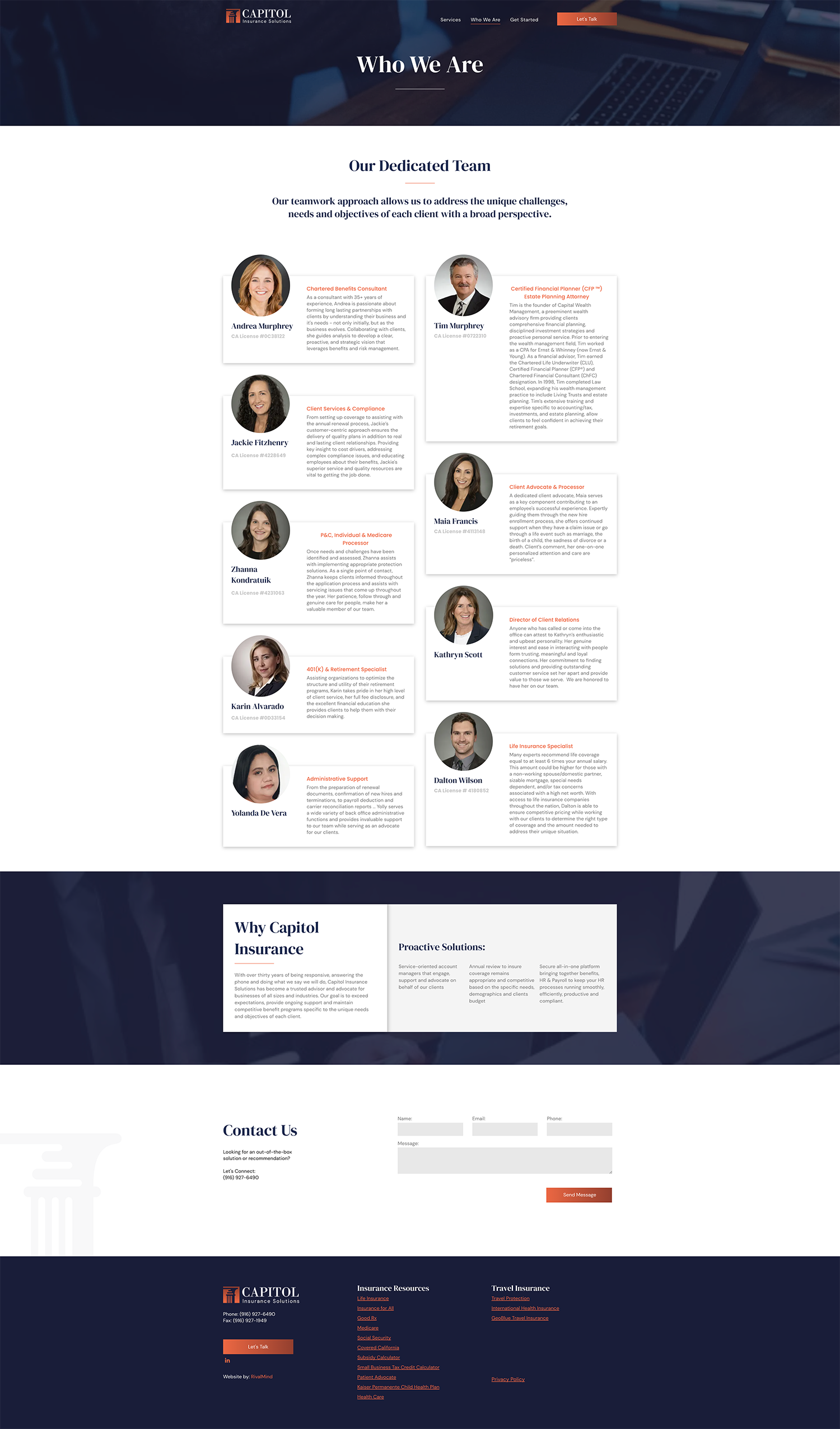 Testimonials and newsletter sign-up on a dark blue website page, with two-column review cards and footer links.