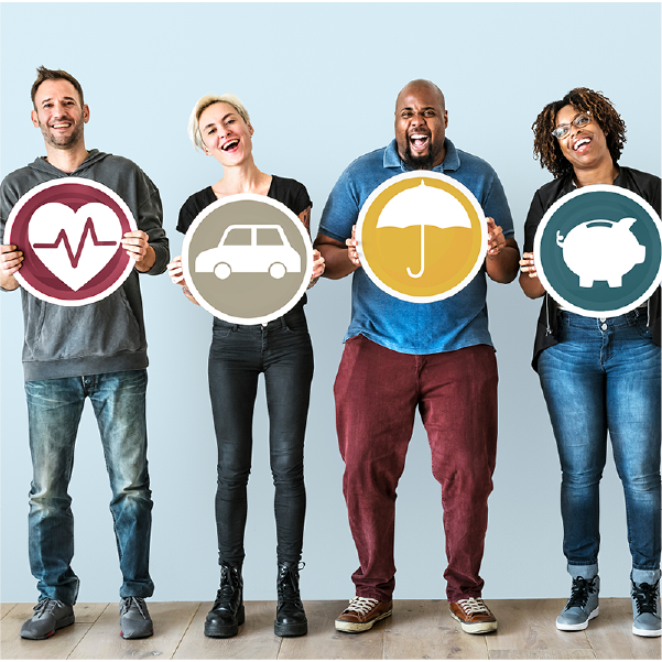 Four people holding circular icons for heart, car, umbrella, and piggy bank against a light gray wall.