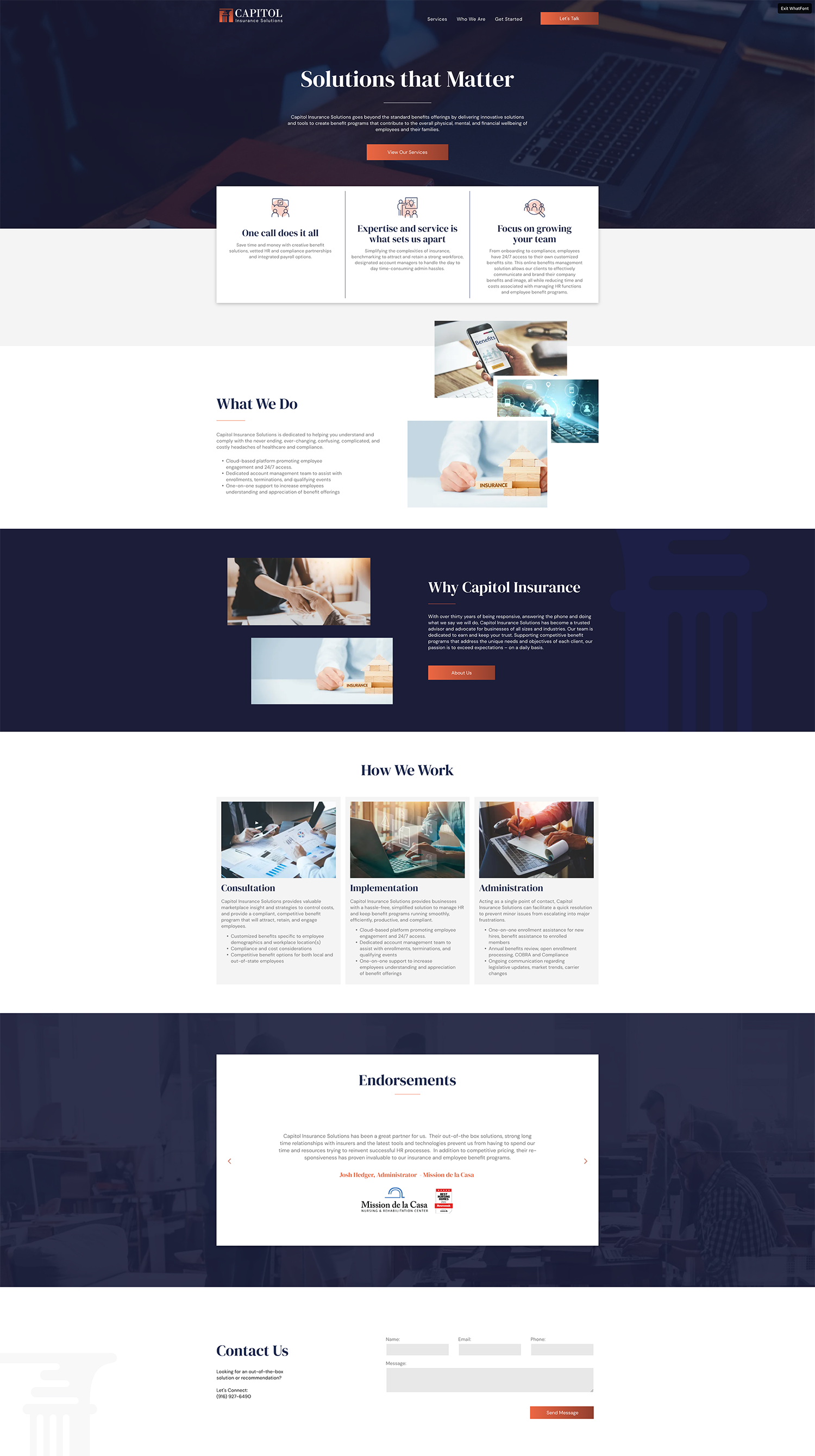 Long scrolling webpage mockup with dark hero sections, white content cards, and featured service tiles
