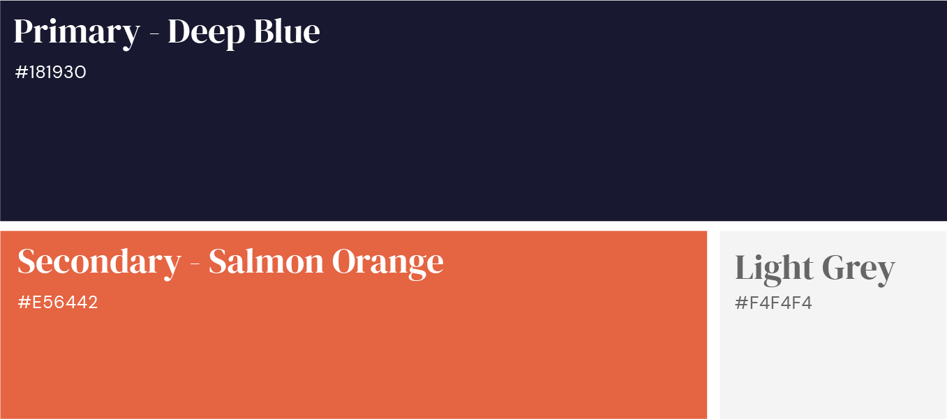 Color palette swatches labeled Primary Deep Blue, Secondary Salmon Orange, and Light Grey