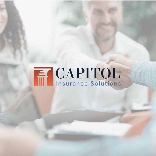 Capitol Insurance Solutions logo over blurred office meeting scene