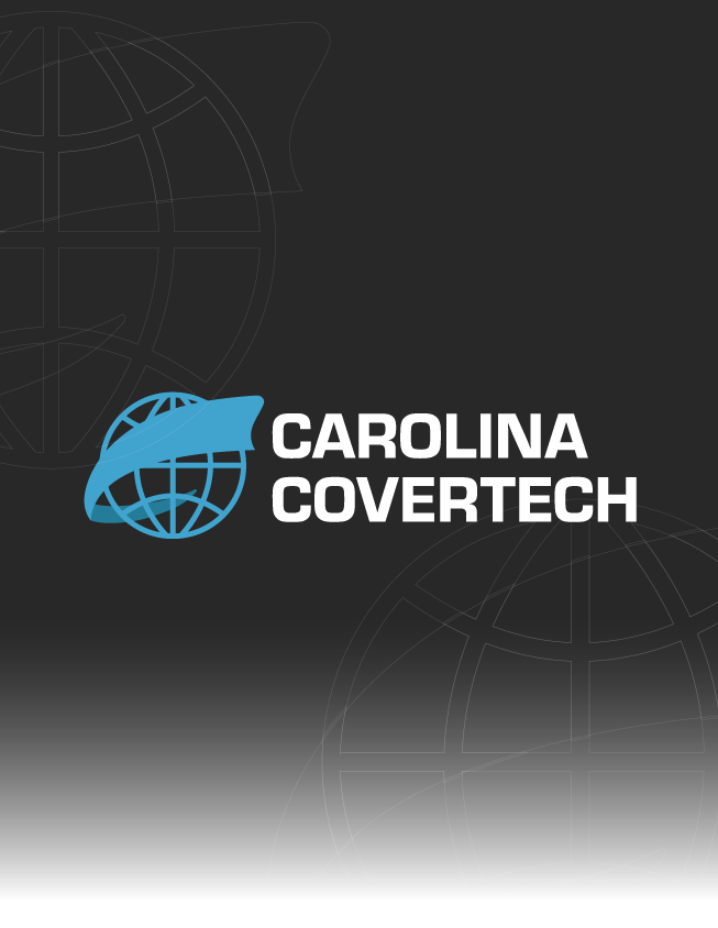 Carolina Covertech logo on a dark gray background with blue globe icon and white text