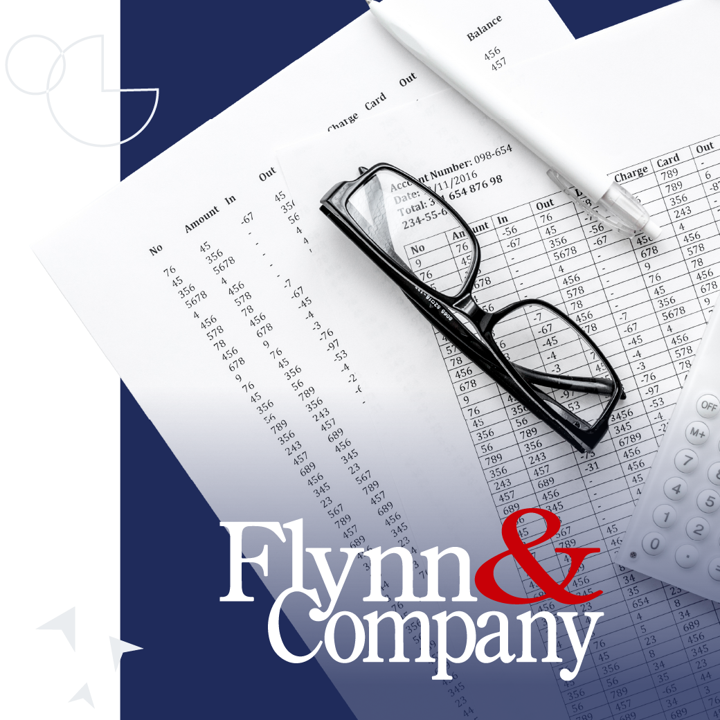 Flynn & Company logo over spreadsheets with eyeglasses on a desk