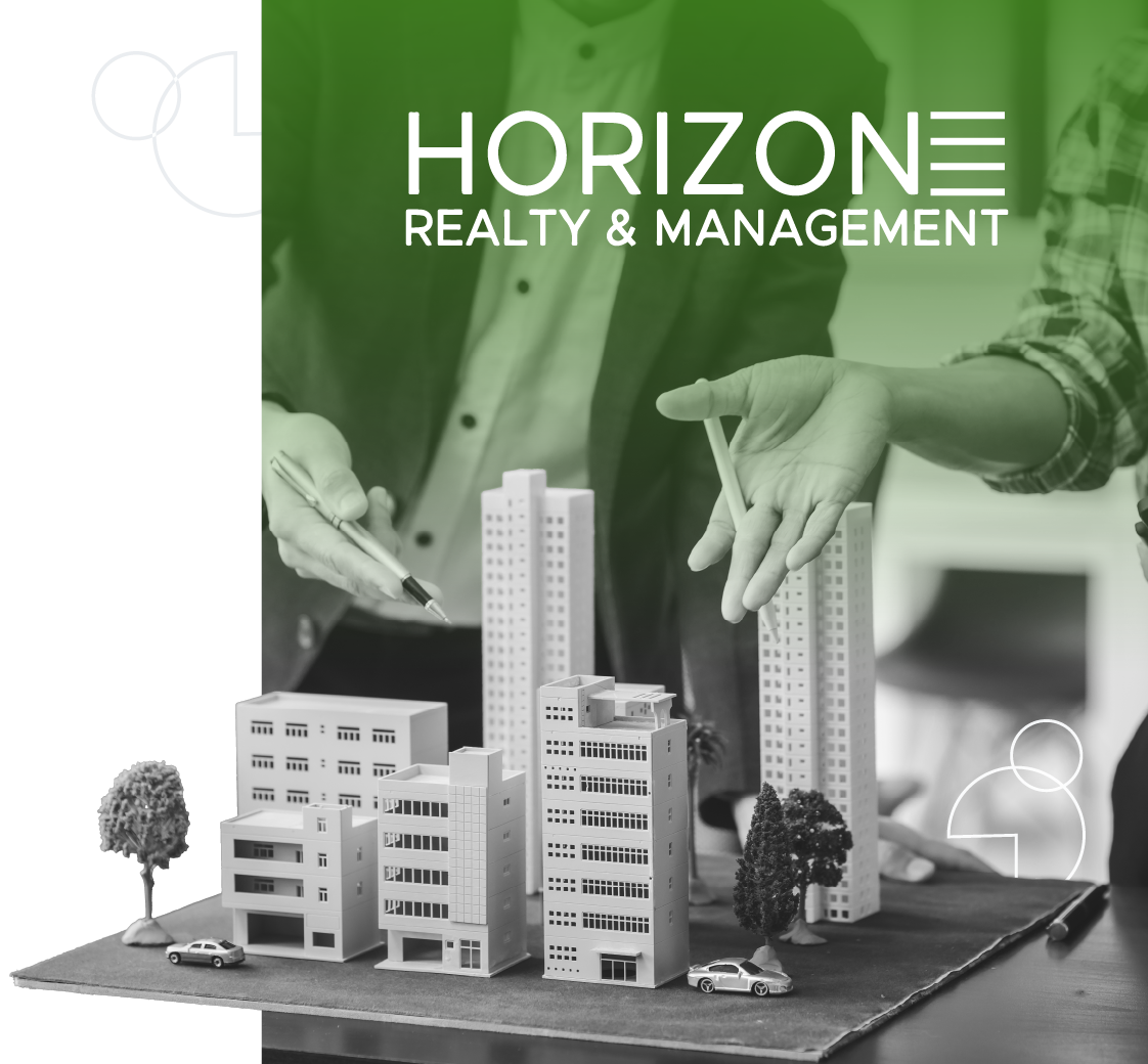 Green Horizon Realty & Management banner with hands above a model city and buildings
