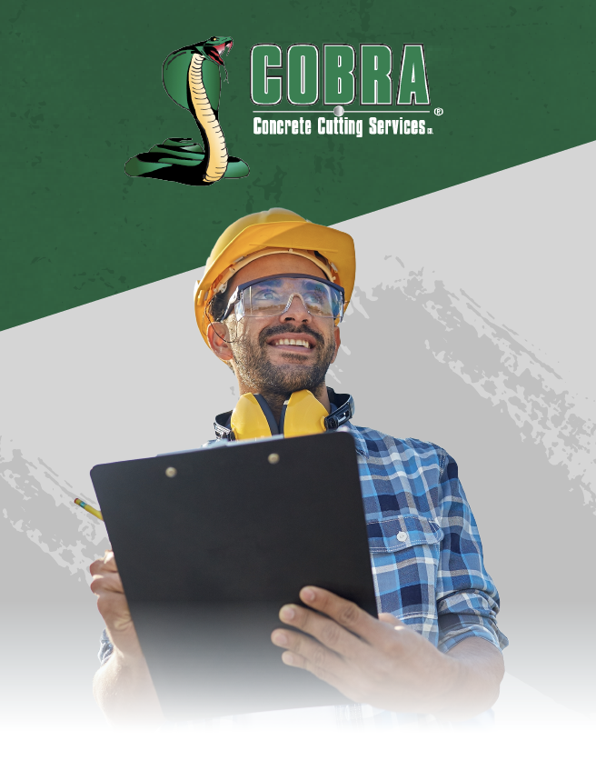 Worker in yellow hard hat holding a clipboard beneath COBRA Heating and Cooling Services logo