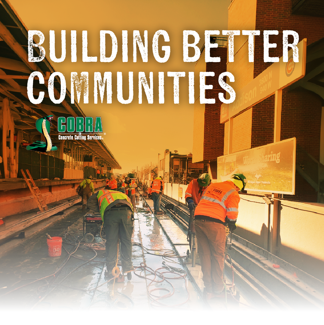 Workers in orange vests paving a road under the text “Building Better Communities”