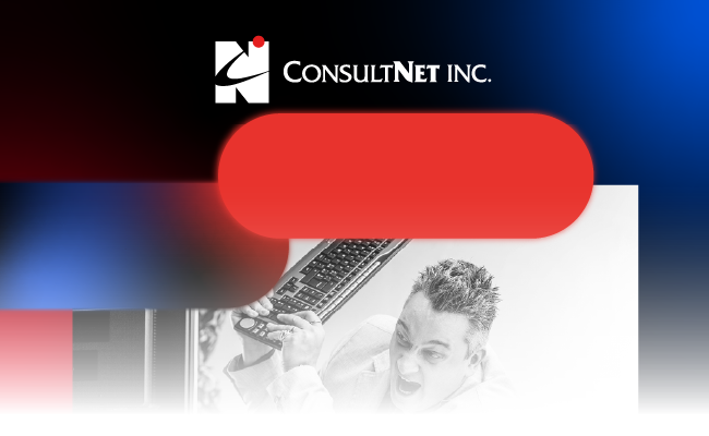 ConsultNet Inc logo on black banner with red rounded rectangle and grayscale business imagery