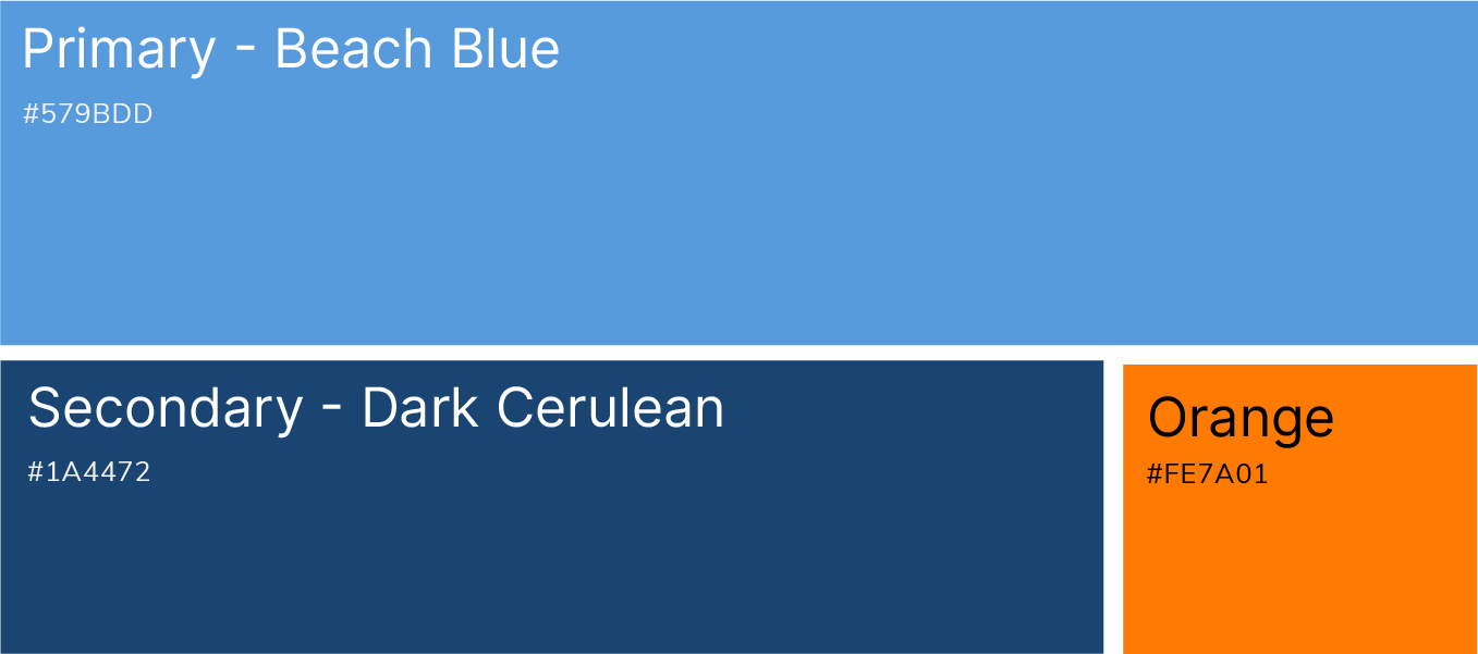 Color palette with Beach Blue, Dark Cerulean, and Orange swatches with hex codes