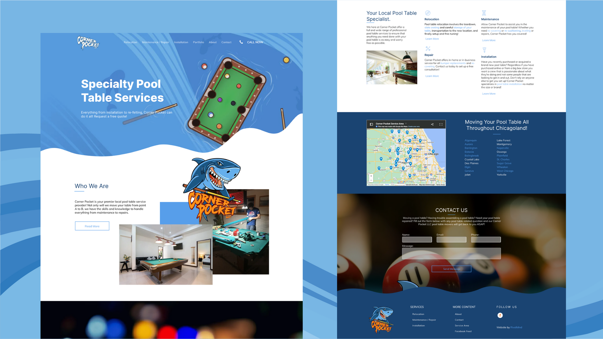 Collage of blue-toned website mockups and mobile app screens with maps, photos, and text blocks
