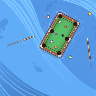 Overhead view of a pool table floating in blue water, with cue sticks and billiard balls around it.
