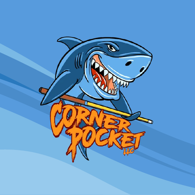 Blue cartoon shark biting a pole over the orange “Corner Pocket” logo on a blue striped background