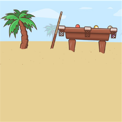 Cartoon beach scene with a palm tree and a wooden bench holding two colorful balls