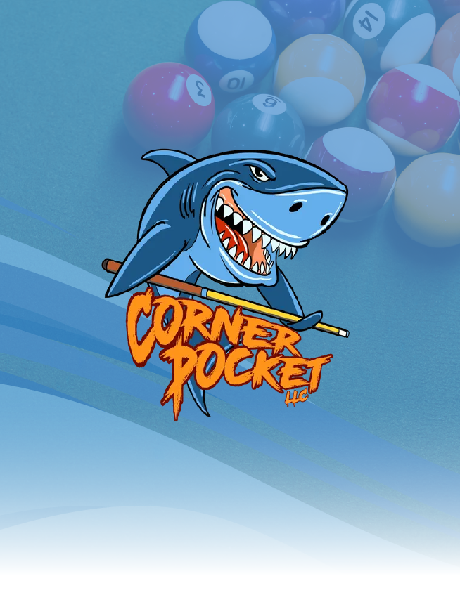 Cartoon shark logo with “Corner Pocket” text over a blue pool-ball background