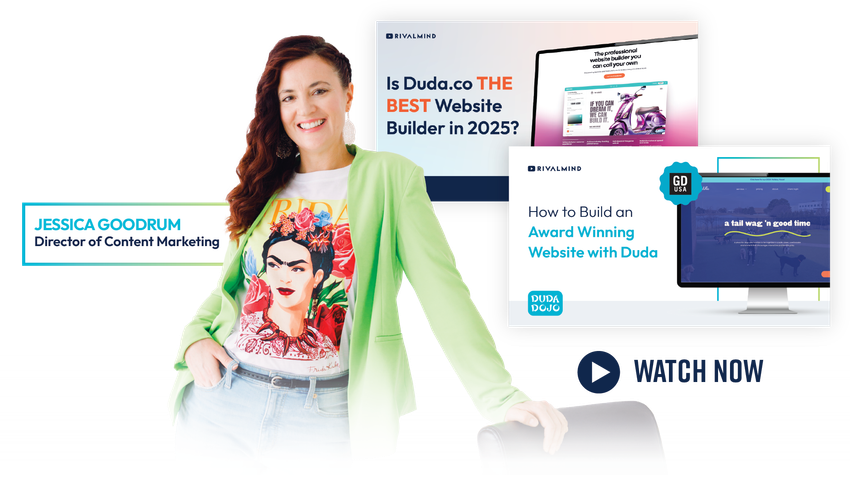 Smiling woman in green cardigan beside marketing webinar promo with “Watch Now” button