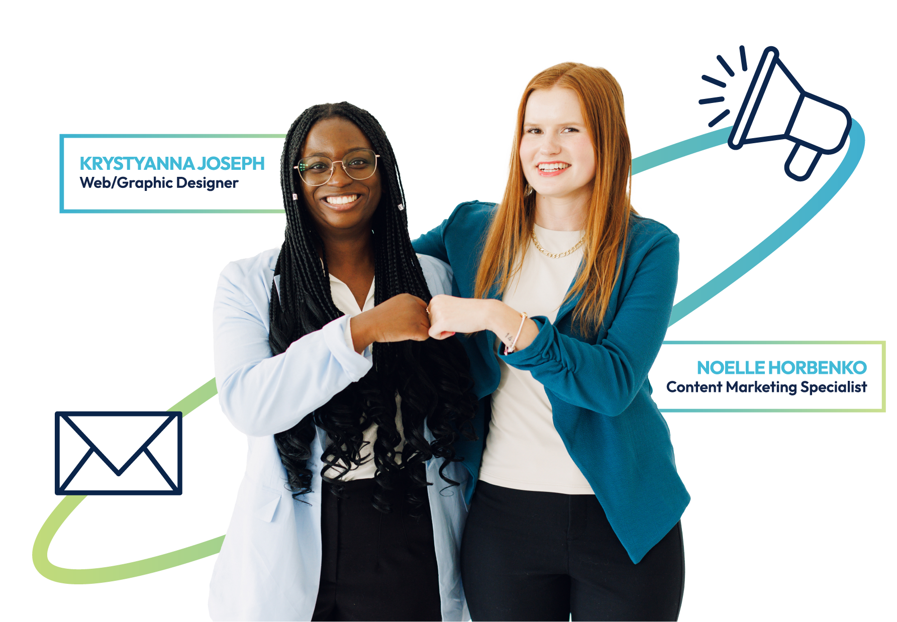 Two women standing together with social media and email icons on a white background