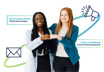 Two women standing together with social media and email icons on a white background