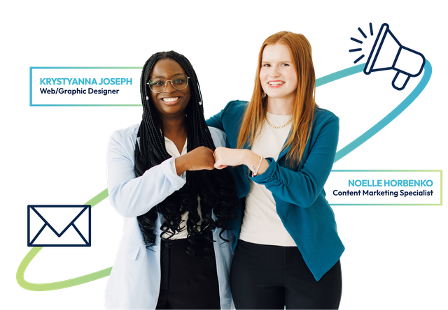 Two women standing together with social media and email icons on a white background